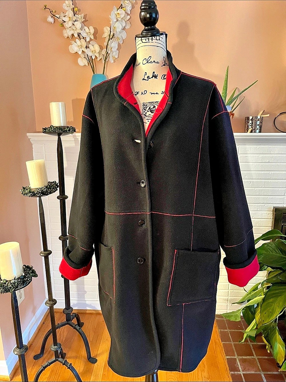 Susan Graver Color Block Reversable Black/Red Fleece Coat Size 2X
